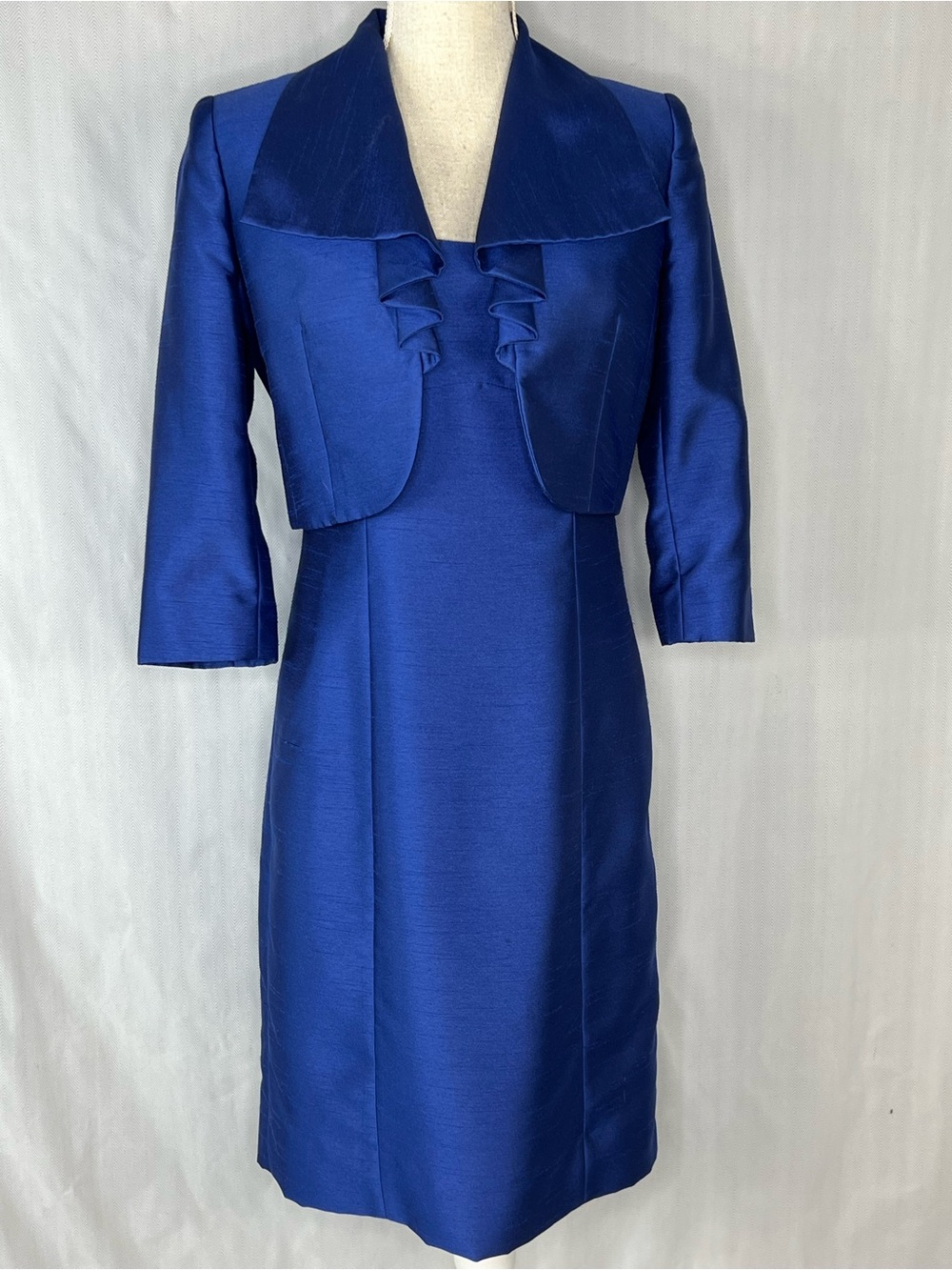 Tahari ASL Cocktail Sleeveless Dress & 3/4 Sleeve Jacket Royal Blue Satin 2👍